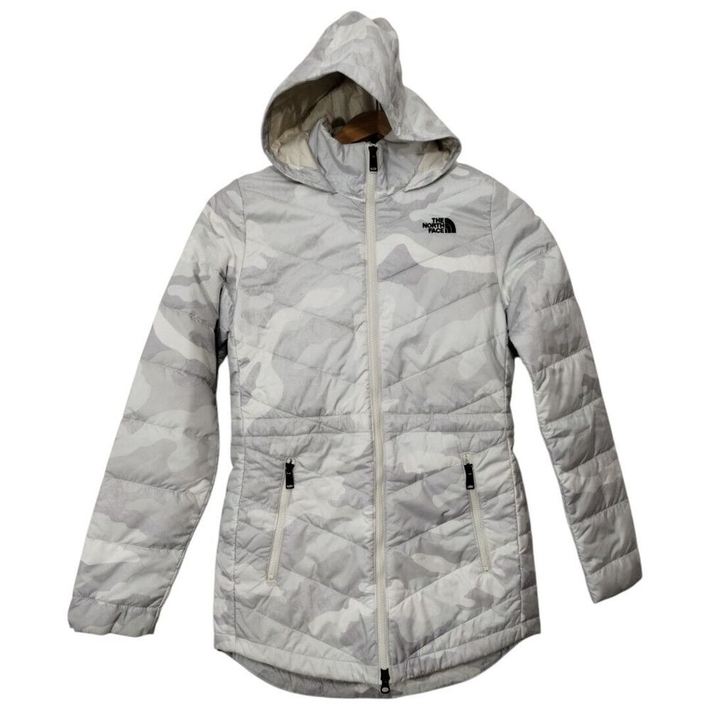 The North Face Puffer Jacket Womens Sz XS Camo Gray White Hooded‎ Zip Cinch
